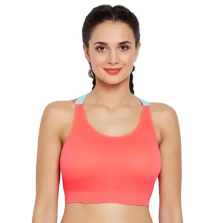 Deevaz Medium Impact Padded non-wired Sports Bra in Carrot Pink Colour with Neon Cross back strap detailing.