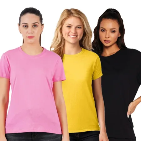 Deevaz Combo Of 3 Women Comfort Fit Round Neck Half Sleeve Cotton T-Shirts In Baby Pink, Yellow, Black.