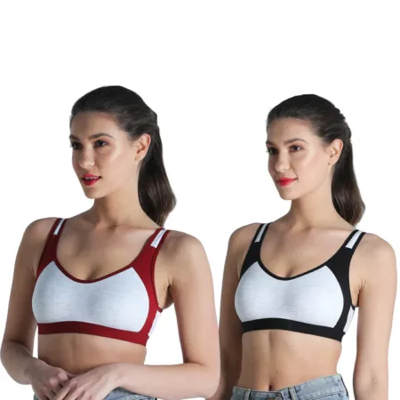 Deevaz Combo of 2 Non-Padded Cotton Rich Sports Bra In Burgundy & Black Melange Colour Detailing.