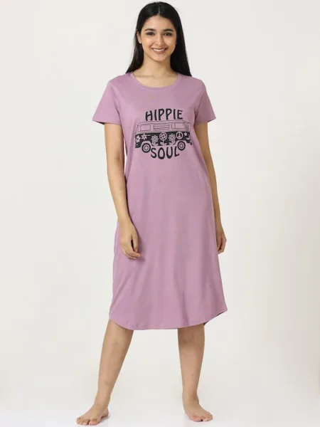 Deevaz Typography Printed Pure Cotton Nightdress One Slip In Mauve Color.