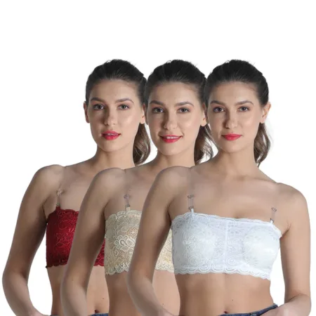 Deevaz Combo Of 3 Padded Tube Bra In Maroon, Skin & White Poly-Lace Fabric With Removable Transparent Straps.