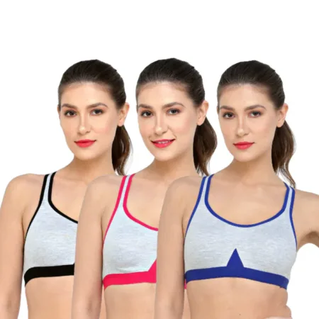 Deevaz Combo of 3 Non-Padded Cotton Rich Cross Back Sports Bra In Pink, Black & Blue Melange Colour Detailing.