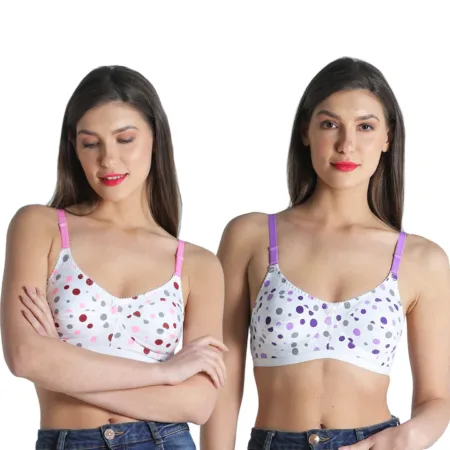 Deevaz Combo of 2 Everyday Non Padded Non-Wired Cotton Rich Bra In Printed Polka Dot Purple-Baby Pink Colour