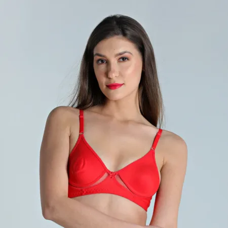 Deevaz Breathable Cotton Red Solid T-Shirt Bra with Mesh Detailing.