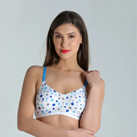 Deevaz Everyday Non Padded Non wired Cotton Rich Bra in Polka Dot Printed Deep Sky Blue color