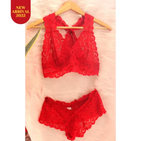 Deevaz Women's Non-padded Non-wired Bridal Lace Bralette & Brief set in Cherry Red Colour