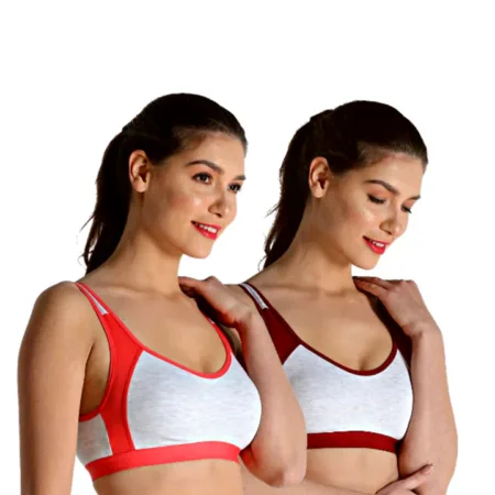 Deevaz Combo of 2 Non-Padded Cotton Rich Sports Bra In Burgundy & Orange Melange Colour Detailing.