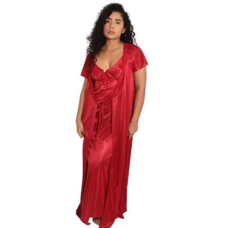 Deevaz Women's Satin Solid Maxi Length Nighty with Robe Maroon Color.